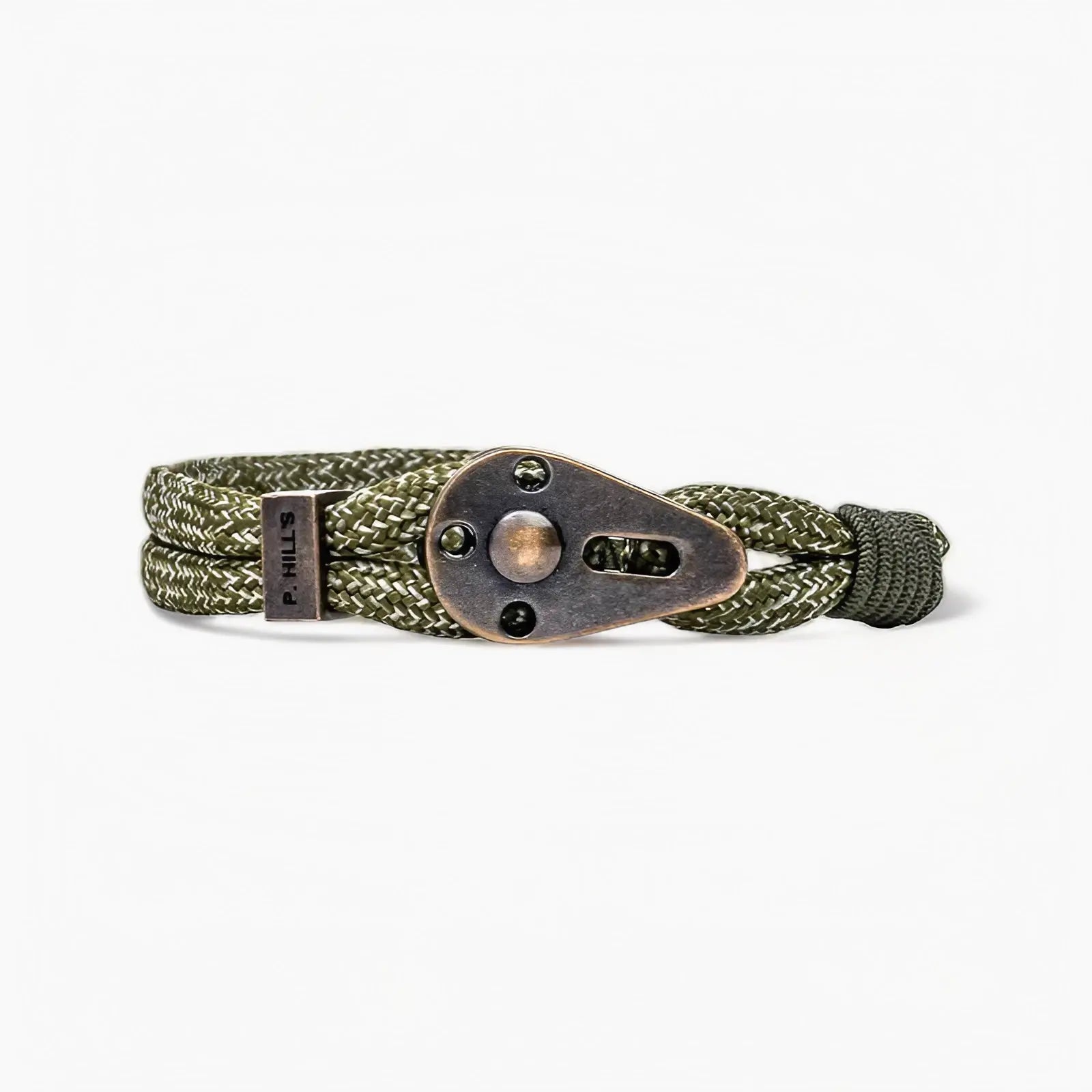 Bracelet ajustable Everglades en cordon vert chiné et poulie cuivrée, fabriqué en France