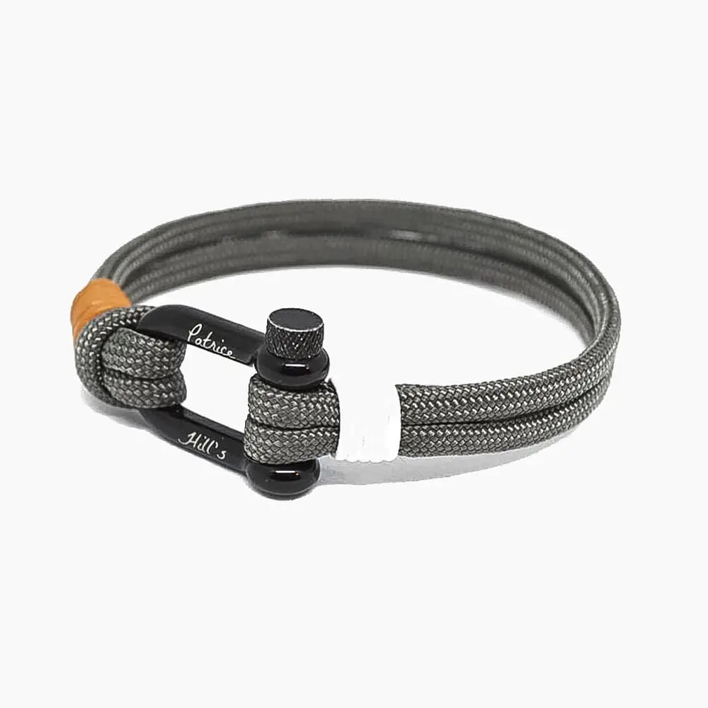 Bracelet artisanal Orbite avec cordage gris, inserts en cuir blanc et orange, bijou éco-responsable